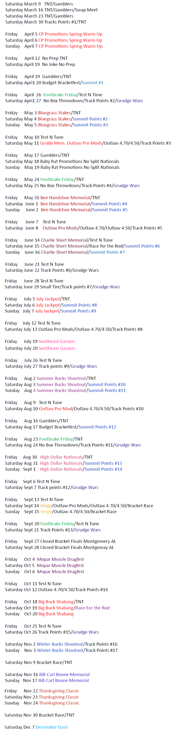 Schedule 2024 London Dragway